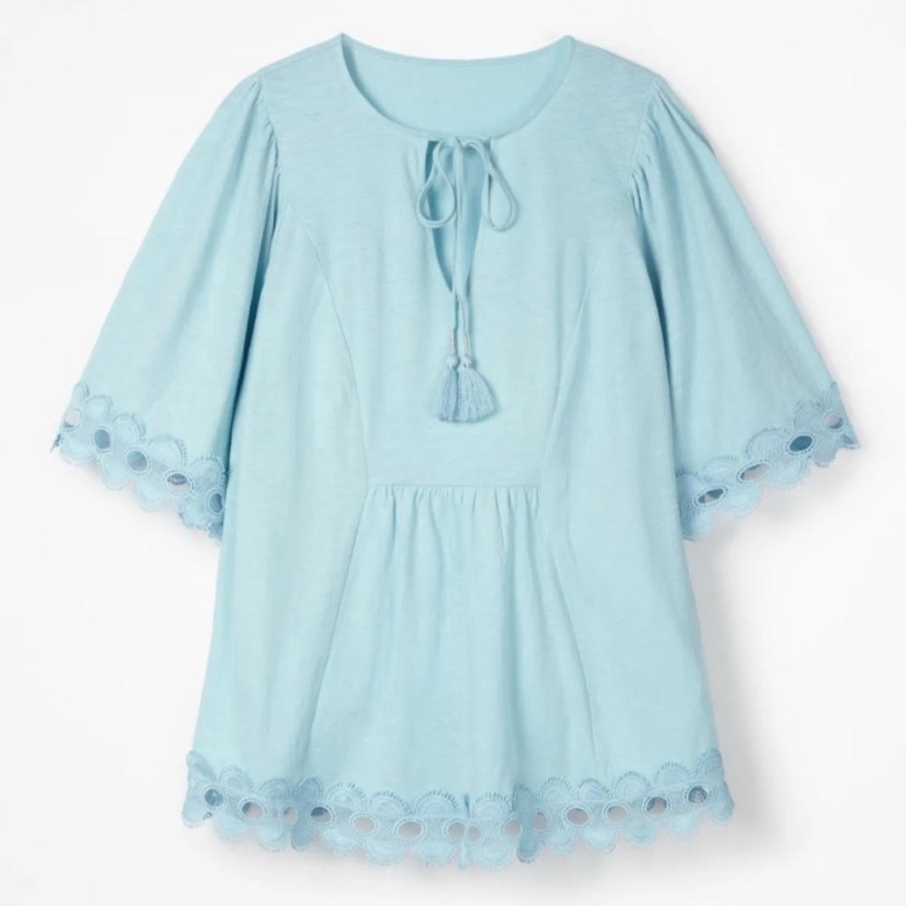 Boden Ayla Blue Peasant Crochet Lace Trim Summer Top Cotton Boho Plus Size 12